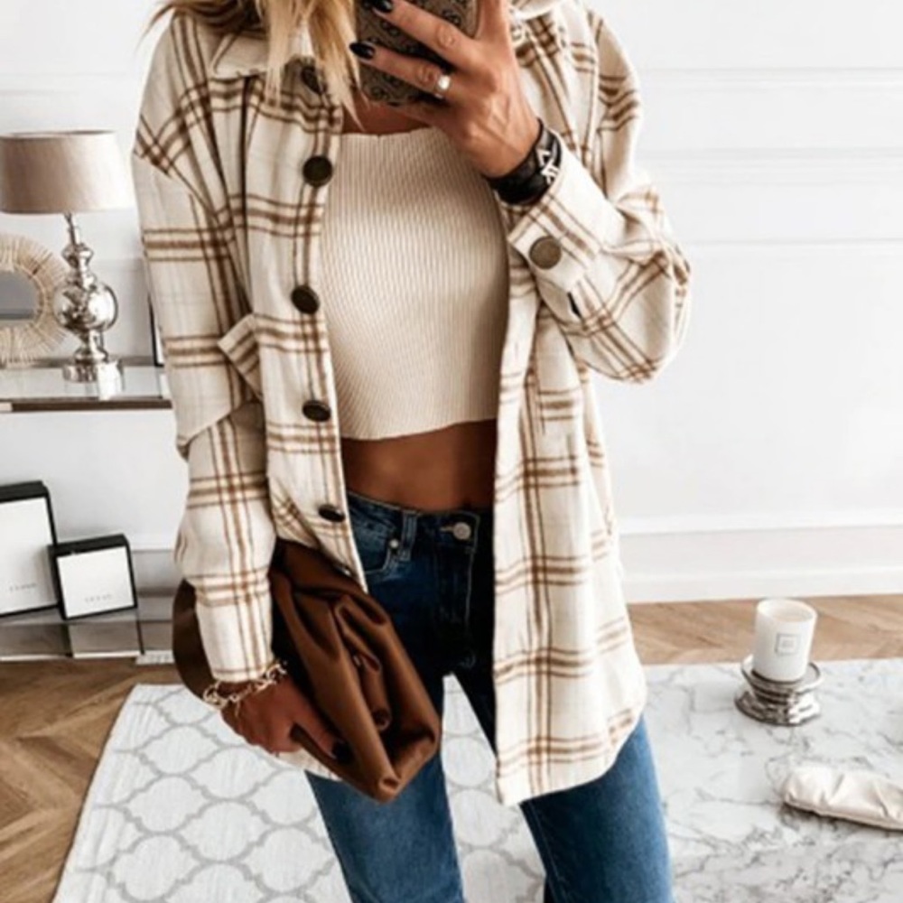 Long Plaid Oversized Flannel Shirt Jacket New Womens Button Up Tan Shacket